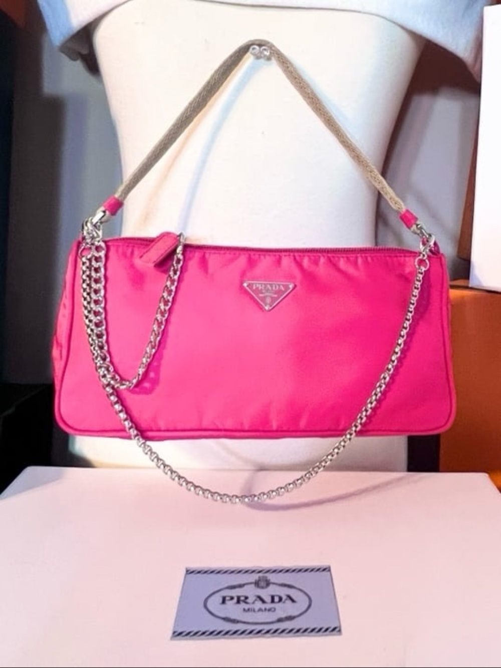 Prada⭐️🌸Hot Pink Nylon Shoulder Bag with Silver Chain!⭐️Offers always welcome!